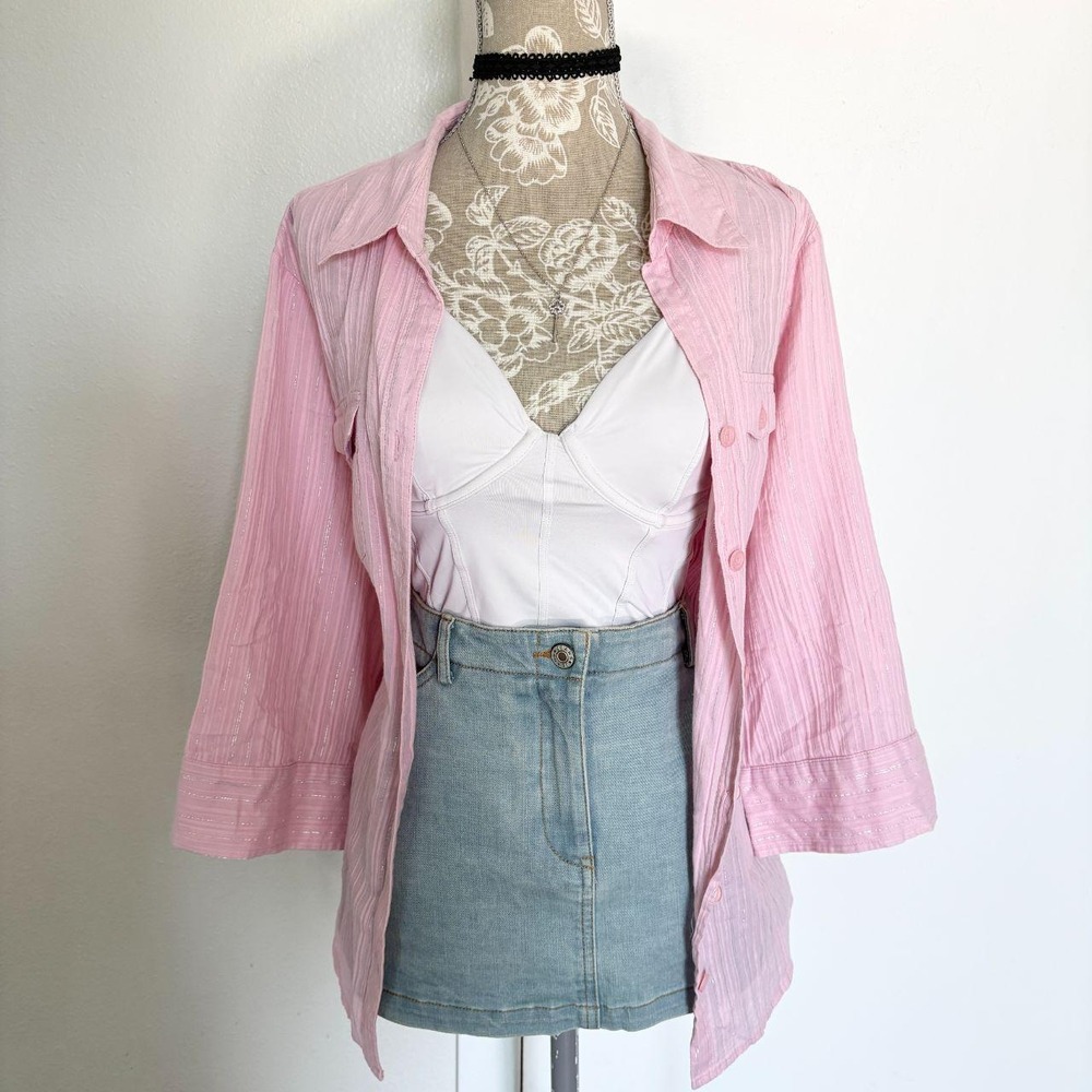 Style&Co Womens Plus Size 16W Pink Metallic Sparkle Stripe Button Up Shirt